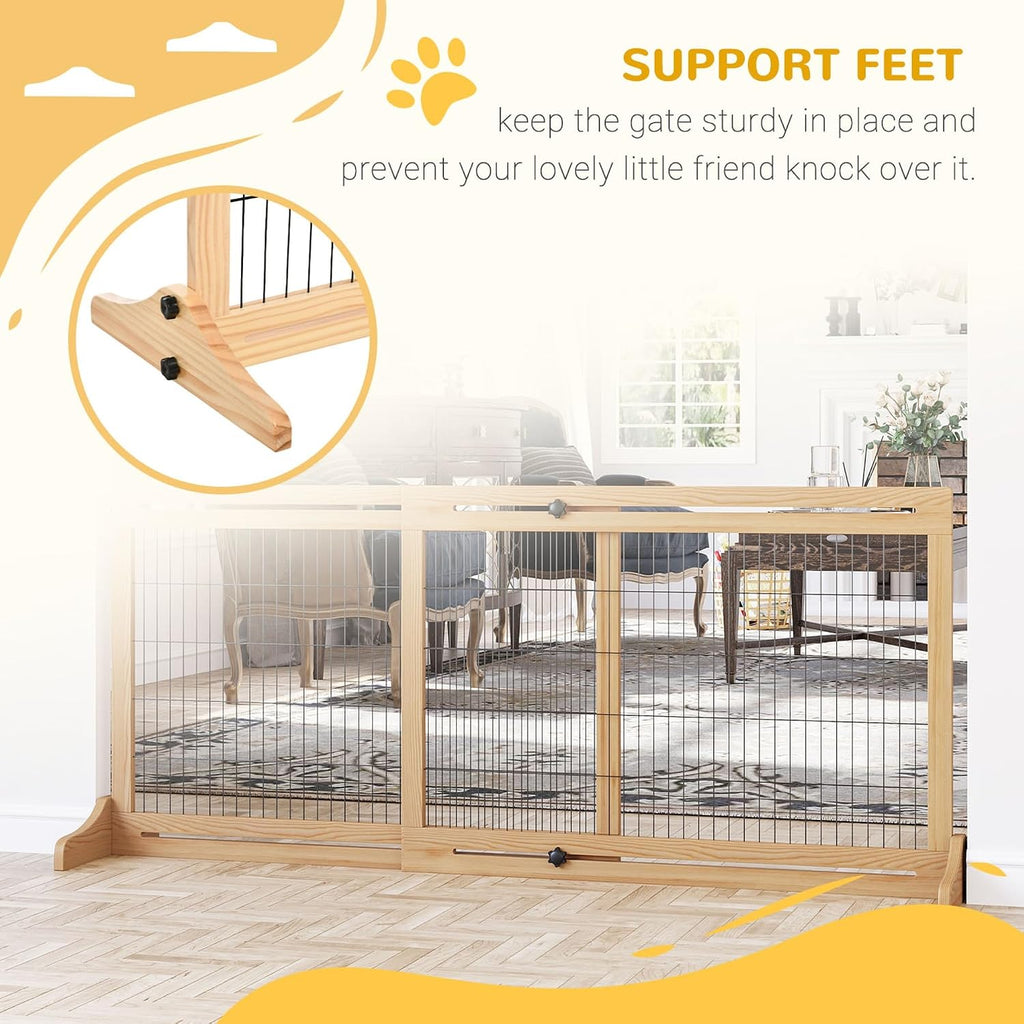 72" W x 27" H Extra Wide Freestanding Pet Gate with Adjustable Length Dog, Cat, Barrier, Doorway, Hallway, Natural