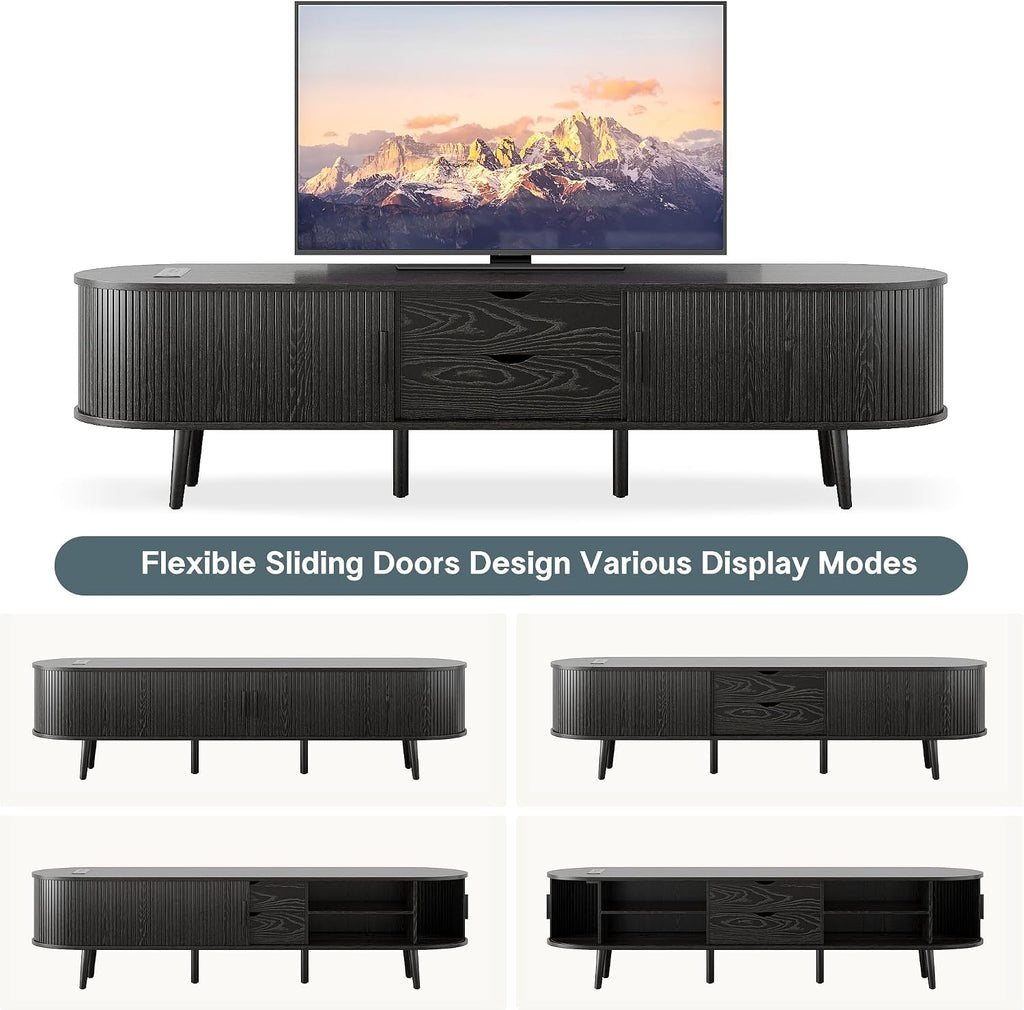69" Mid Century Modern TV Stand with Power Outlet, Farmhouse Curved Edge TV and Media Console Table with Drawer and