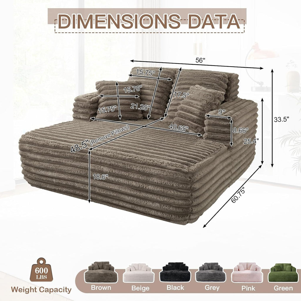 56" Oversized Chaise Lounge Chair Indoor,Plush Faux Fur Sleeper Sofa Couch Bed with Pillows&Wide Armrests,Fluffy
