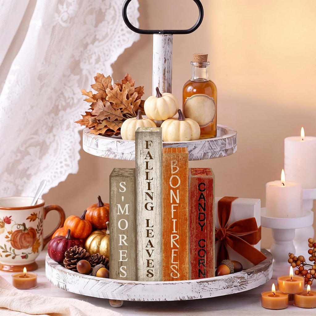Fall Table Decoration Wooden Book Sign,Maple Leaves - Set of 4