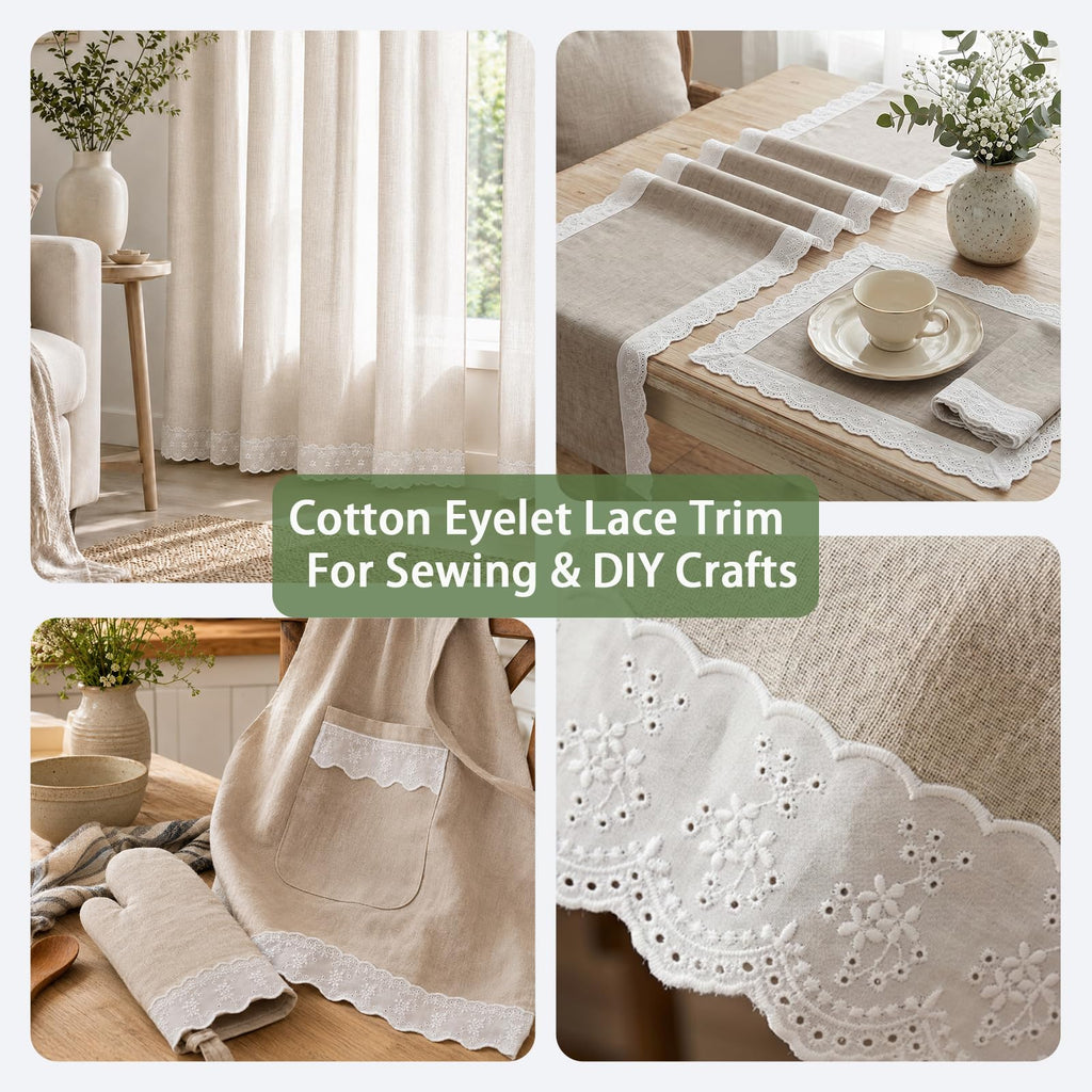 White Cotton Eyelet Lace Ribbon, Floral Embroidery Lace Trim with Wavy Scalloped Edge, Vintage Lace Sewing Trim for