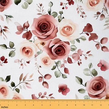 Floral Fabric by The Yard, Flowers Green Leaves Plant Girly Fabric for DIY, Romantic Microfiber Waterproof Fabric Soft