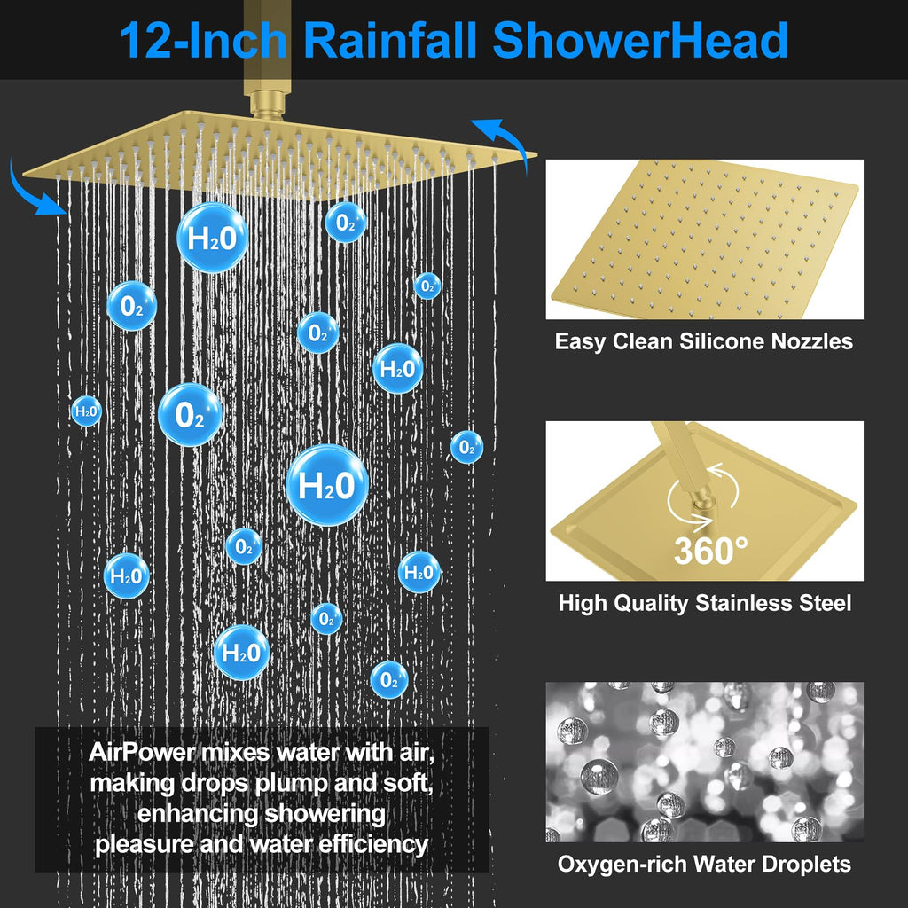 Brushed Gold Shower Faucet Set, Push-Button Shower System with Rain Shower and Handheld, 12" Ceiling Rain Head, 6"