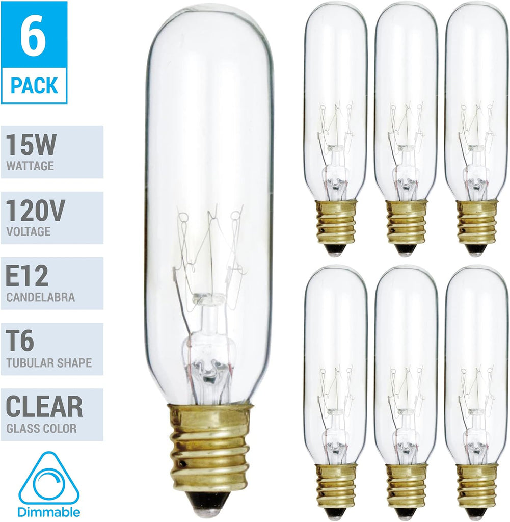 15W T6 Clear Tubular Incandescent Bulbs, E12 Candelabra Base, 6-Pack