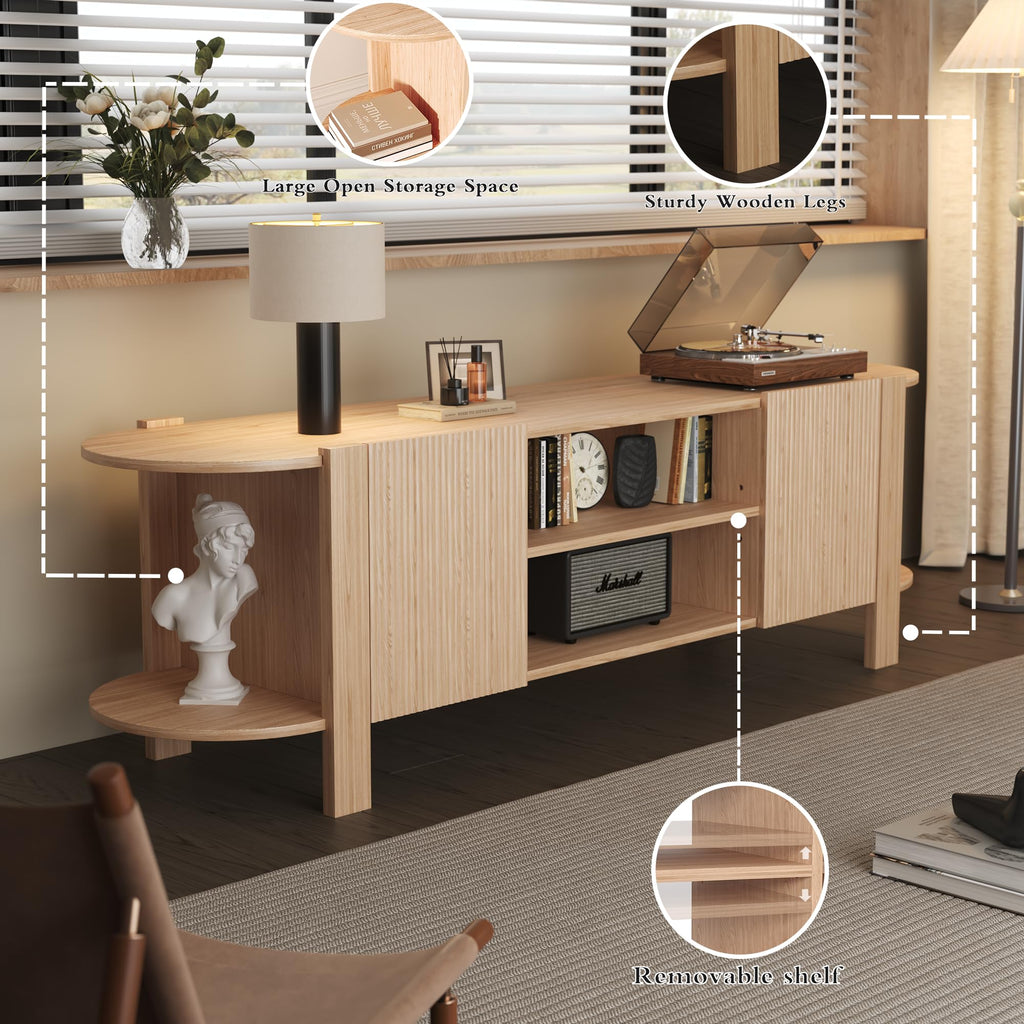 65 Inch TV Stand for Up to 75 inch TVs, Fluted Entertainment Center with Adjustable Shelve, Curved Round Corner TV
