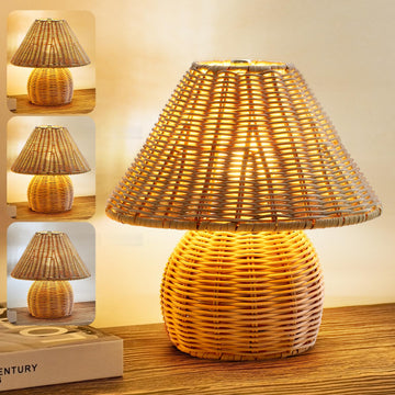 Bamboo Table Lamp Handmade Boho Rattan Bedside Lamp, 3 Colors Adjustable Vintage Wicker Wooden Nightstand Lamp with