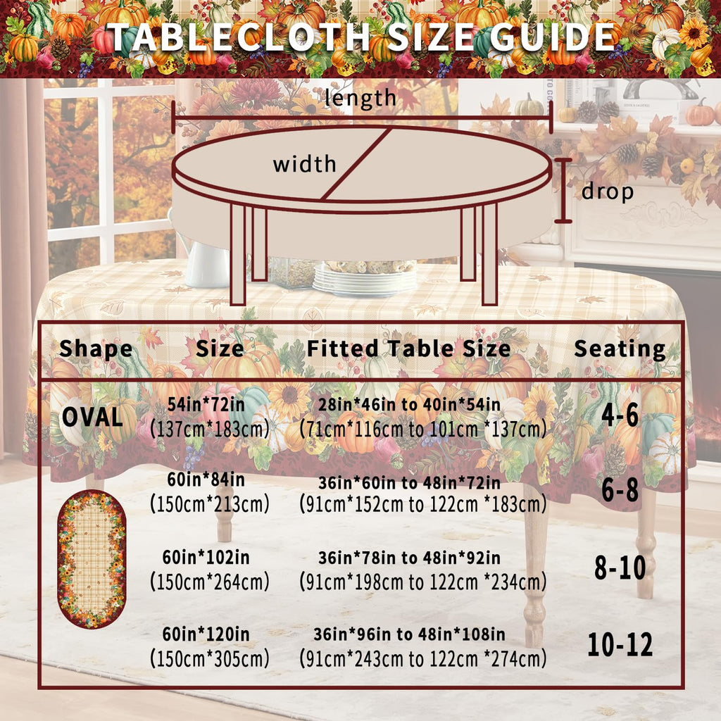 Fall Plaid Oval Tablecloth 60 x 102 Inch, Stain Resistant Washable Fabric Autumn Harvest Pumpkin Table Cloth Oval