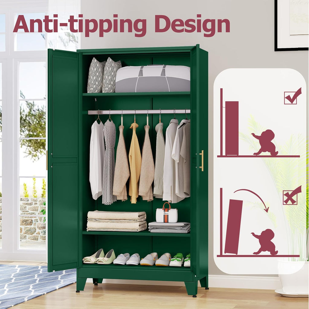 Metal Wardrobe Cabinet with Hanging Rod, Clothing Storage Cabinets | with 2 Doors and Adjustable Shelves, 71" Metal