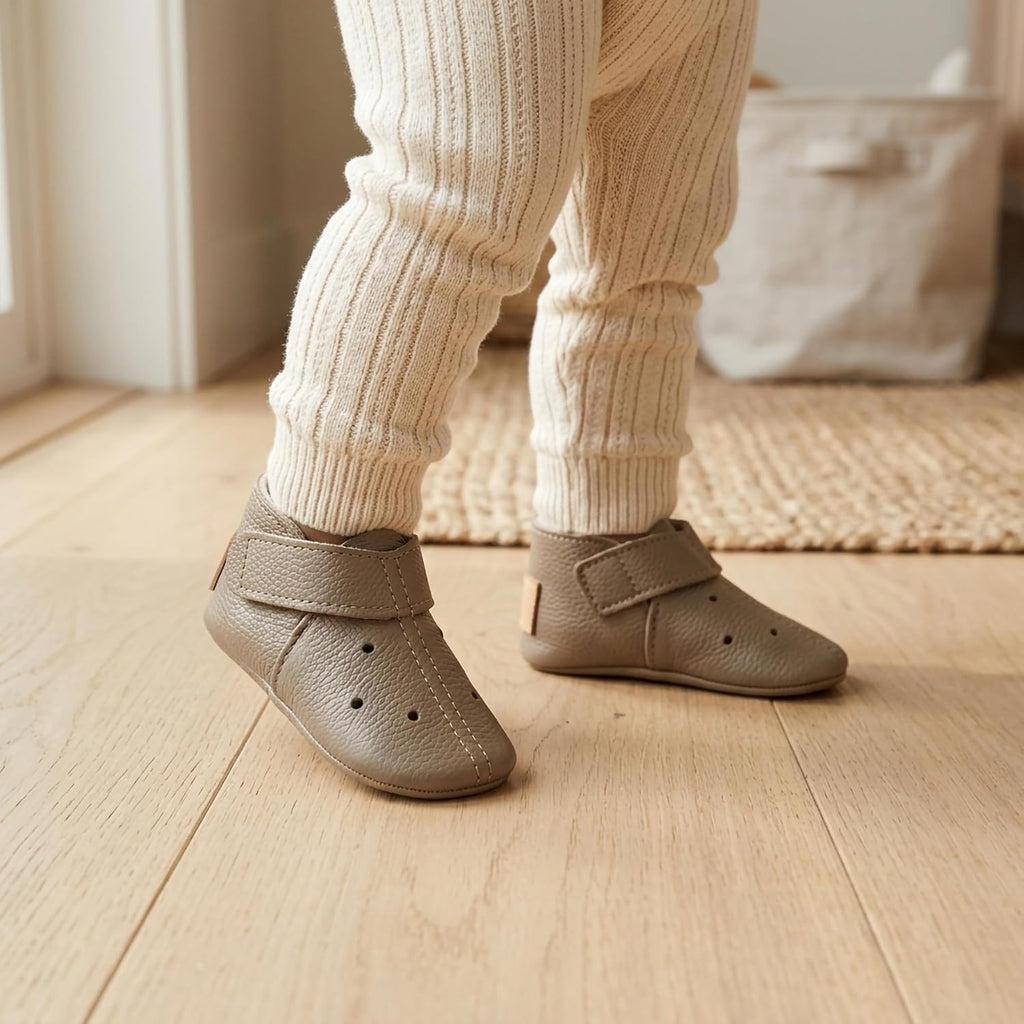 Leather Baby Booties Handmade Moccasins Soft Sole Barefoot First Walking Infant Shoes Newborn Shower Gift Boots Stone
