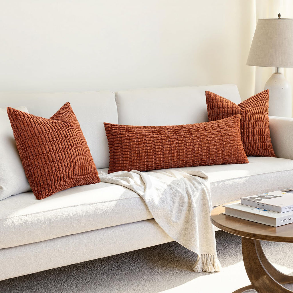 Fall Lumbar Corduroy Throw Pillow Cover for Bed 14x36 Dark Rust
