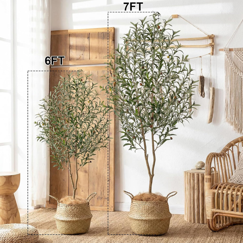 6FT Artificial Olive Tree Tall Indoor Faux Olive Trees with Natural Wood Trunk and Lifelike Fruits Black Pot
