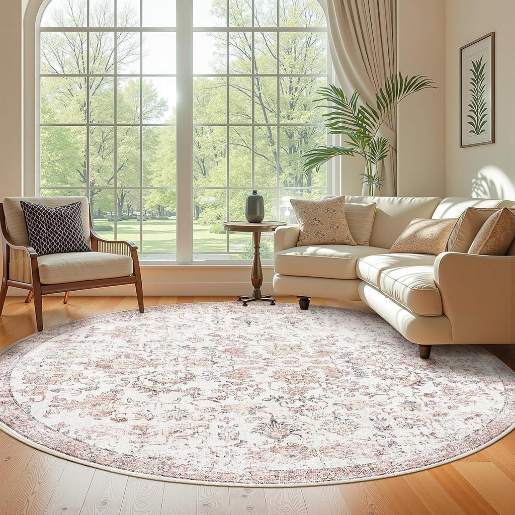 Kalen Round Rug 8ft Area Rug Washable Vintage Indoor Retro Accent Floor Cover Distressed Floral 8' R