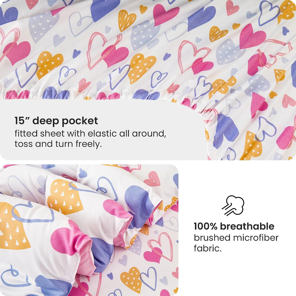 Full Comforter Sets for Girls Kids, 8 Pieces Bed in a Bag Pink Heart Bedding Comforter Sheet Set with Shams and