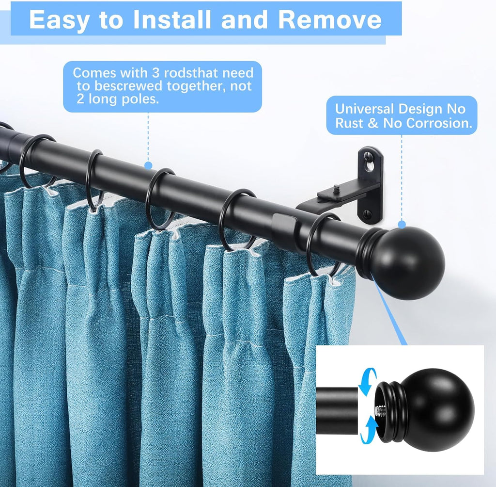 Curtain Rods for Windows 16 to 48 Inches, Curtain Rod Max Adjustable Length of 60 IN, 1" Diameter Drapery Rods Round
