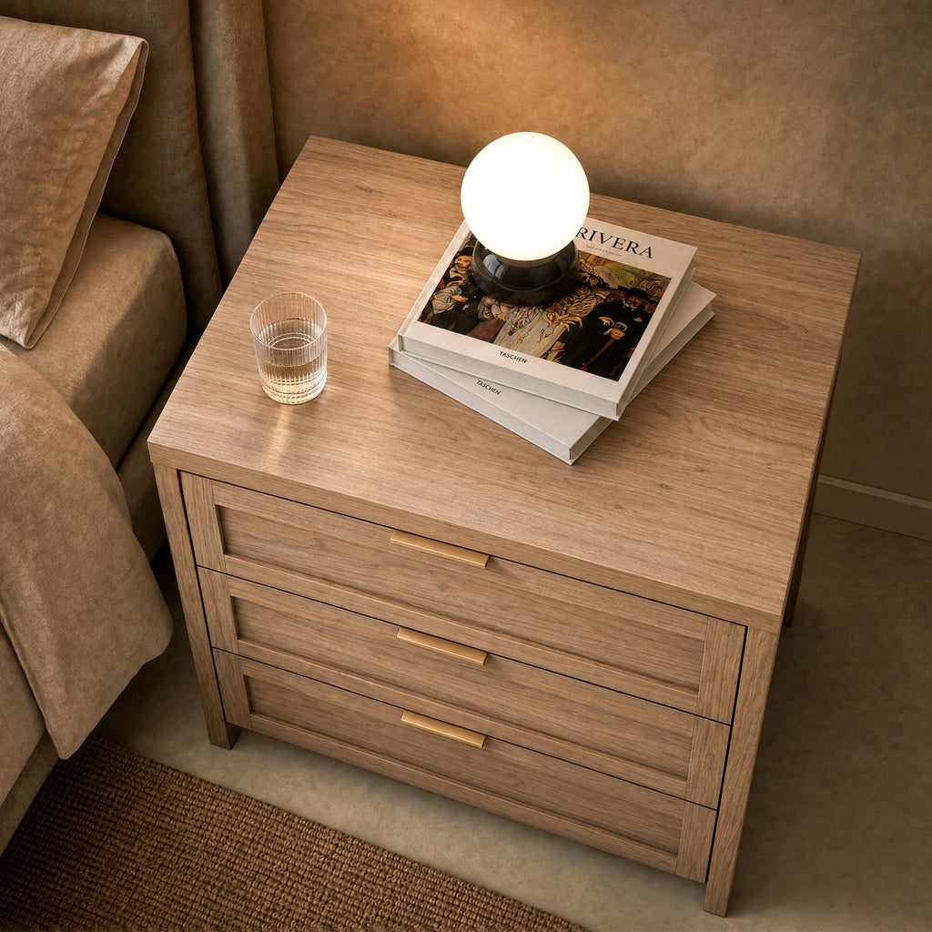 Nightstands Set of 2, 3 Drawer Bedside Table, Weathered Oak