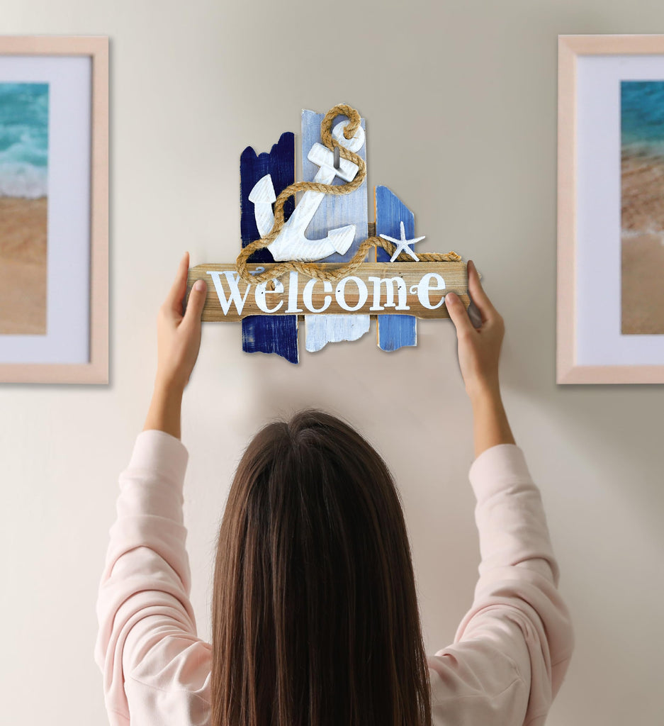 Atlantic Anchor Welcome Nautical Decor Sign - Nautical Themed Wood Sign, Beach Decor for Wall, Novelty White and Blue