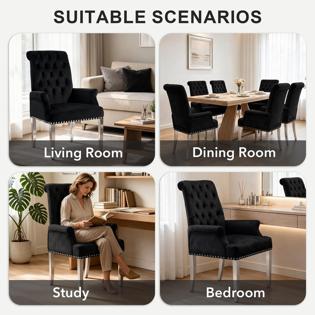 Velvet Dining Chairs with Arms, Upholstered Dining Room Chairs, Black