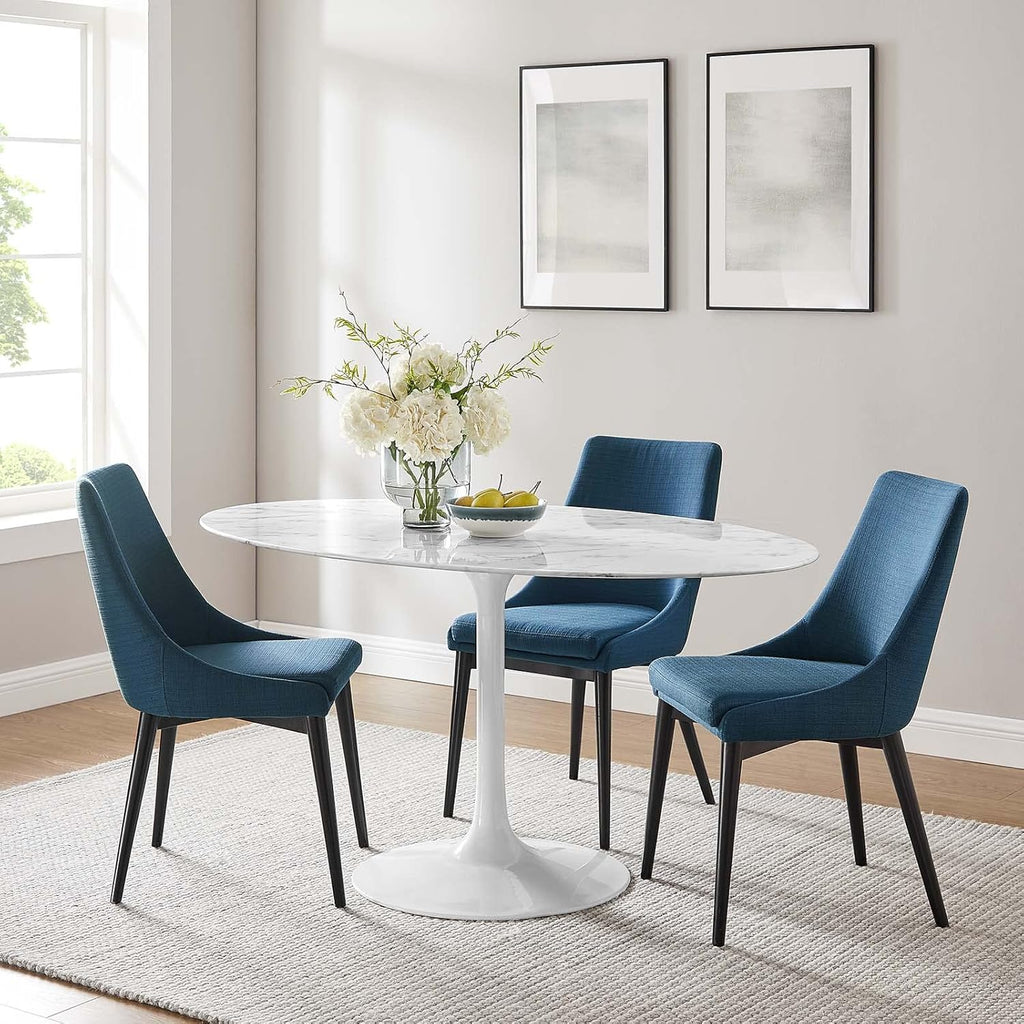 Lippa 60" Oval-Shaped Mid-Century Modern Dining Table with Artificial Marble Top and White Base