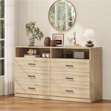 6 Drawers Dresser Wooden Drawer with Open Storage Cubby, Double Wide Dresser Organizer (Light Oak)