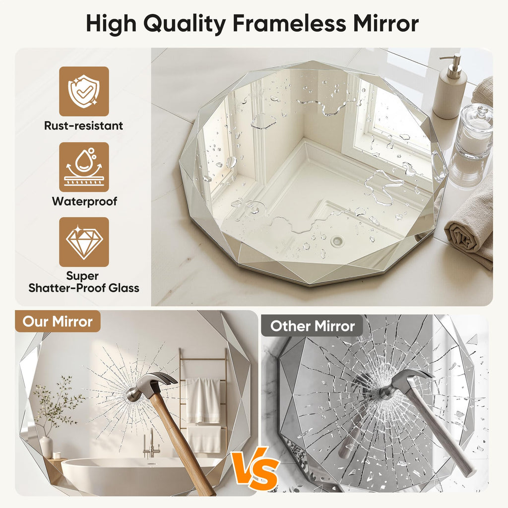 Bathroom Mirror, 20"x 20" Wall Mirror, Frameless Bathroom Mirror with Beveled Edge, Round Shape