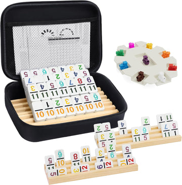 Mexican Train Dominoes Set with Numbers and 4 Wooden Trays/Racks, Double 12 Dominos Travel Set with 4 Tiles Holders