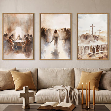 Large Jesus Neutral Framed Canvas Wall Art Set, Christ Church Wall Decor, Christian Bible Story Religious Easter Last