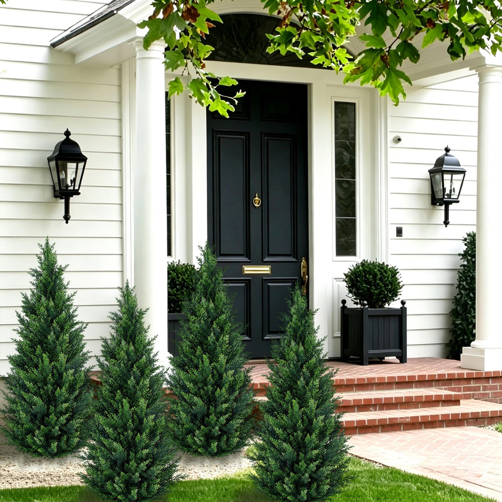 4Ft Artificial Cedar Topiary Trees (2-Pack) - UV Resistant Fake Shrubs with Ground Spike for Outdoor & Indoor Use