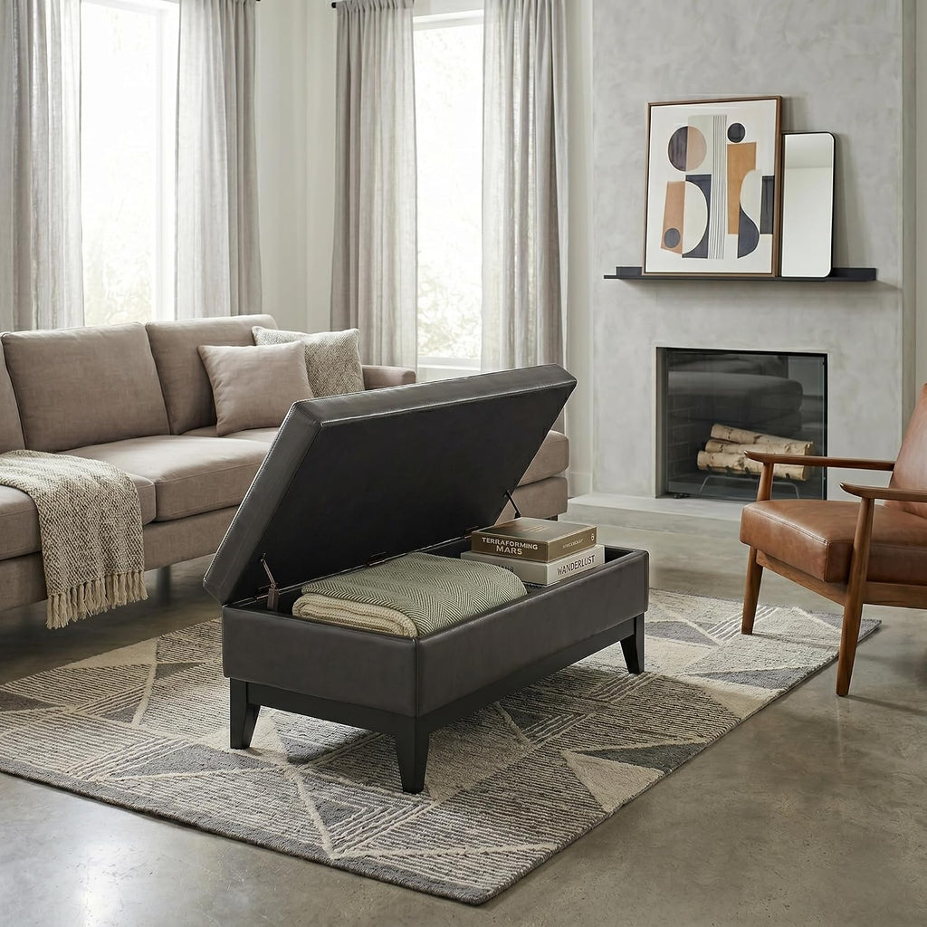 Rebecca 36" Wide Vegan Leather Storage Ottoman in Saddle Brown | Modern/contemporary tufted ottoman with tray and