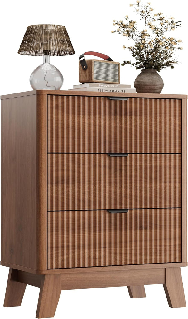 Walnut Nightstand with 3 Drawers, Mid Century Modern Wooden Bedroom Nightstand, Bedside Table & End Table with Metal