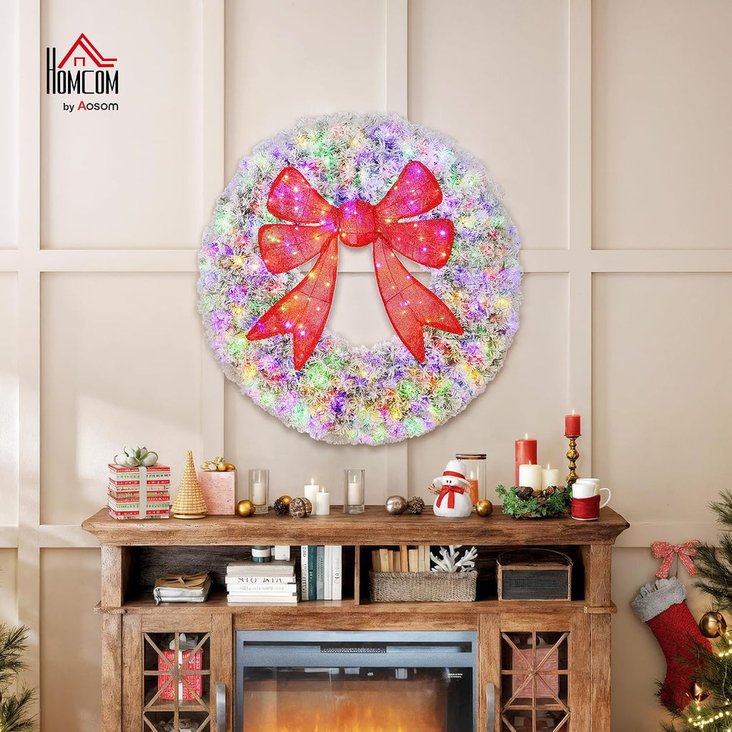 36in Flocked Pre-Lit Artificial Christmas Wreath with 3D Red Bow