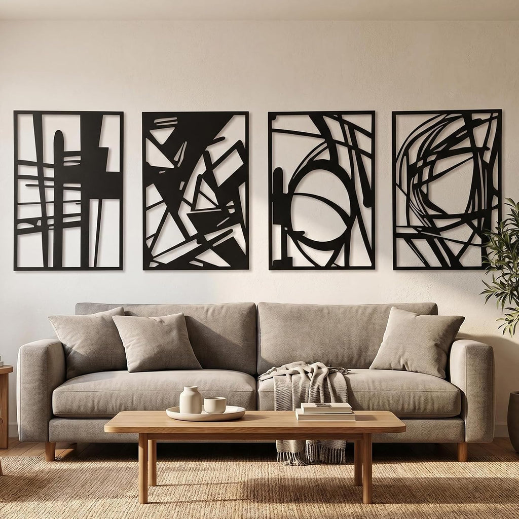 Black Metal Abstract Geometric Hollow Wall Sculpture Decor Set - Set of 4