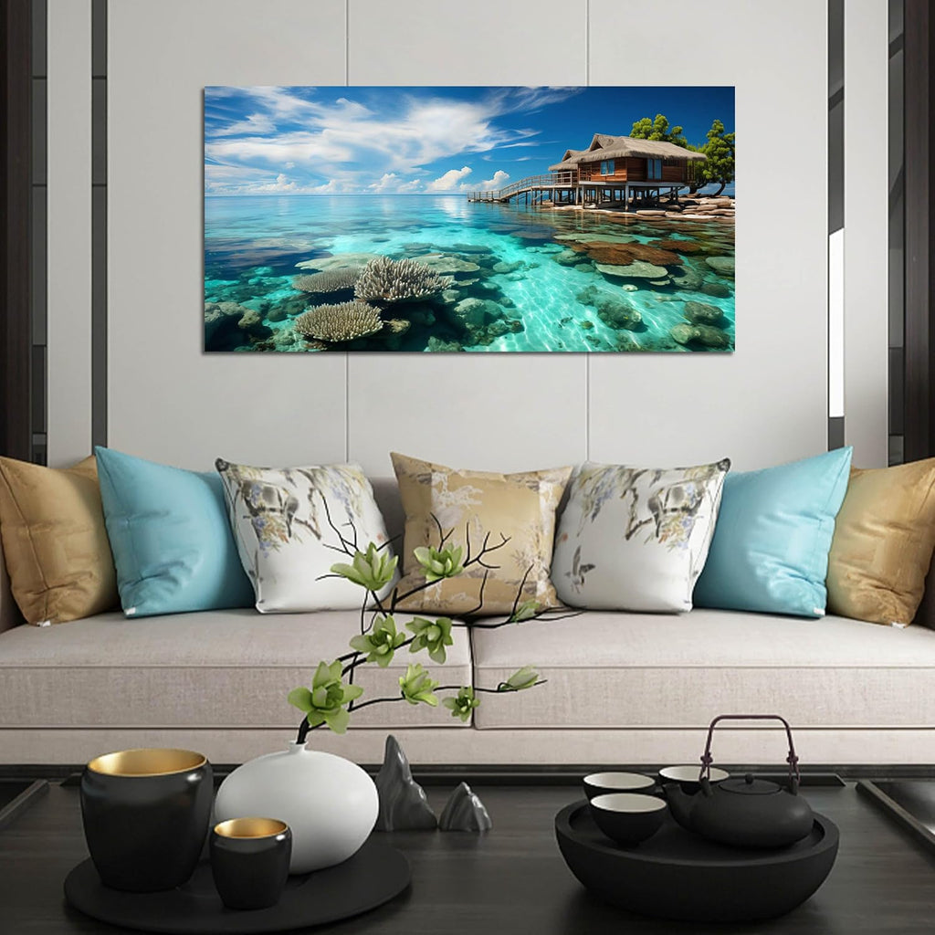 Ocean Scenic Canvas Wall Art, Blue Seascape Wall-Decor Picture , Ocean Scenery Canvas Decoration, Coastal Landscape