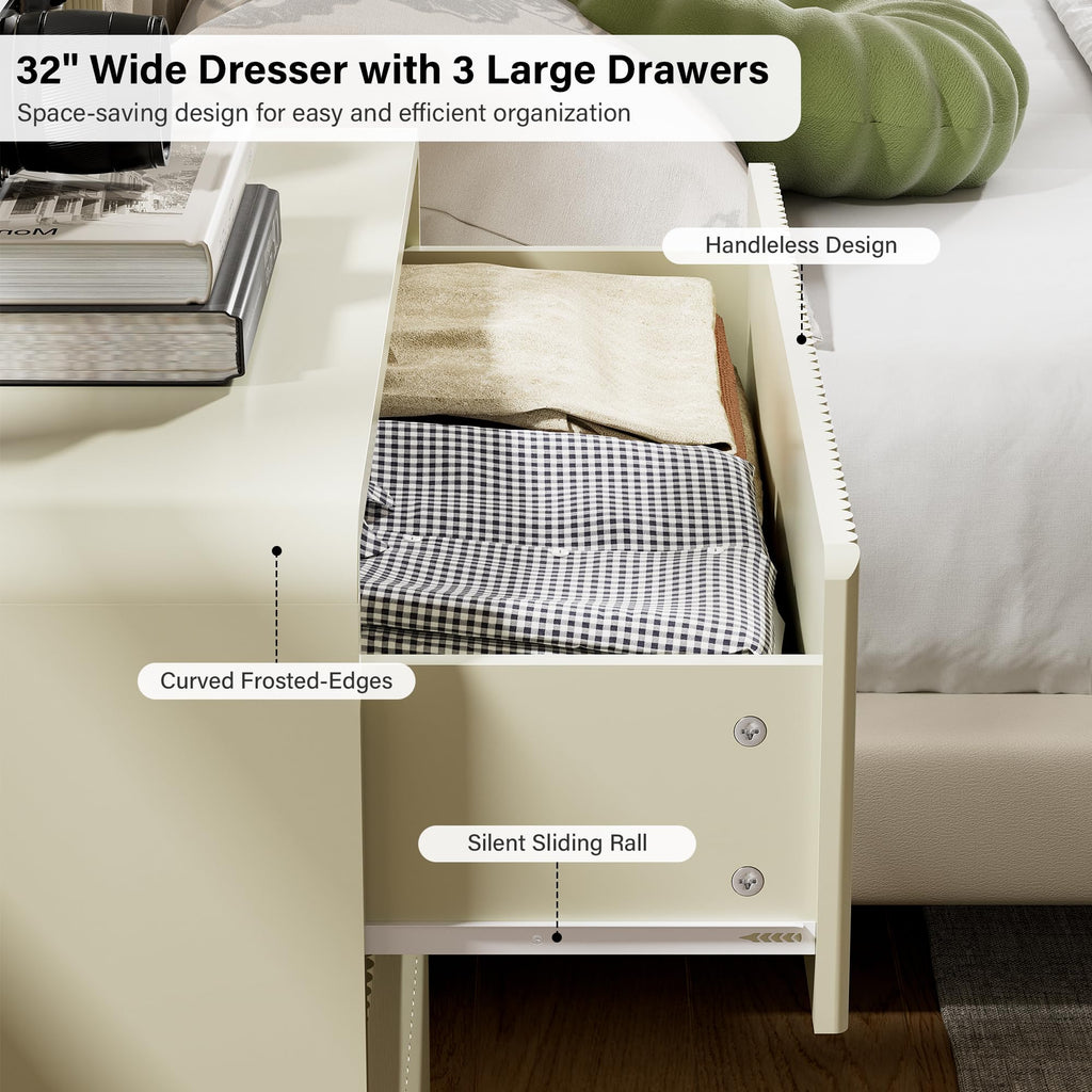 Beige 3 Drawer Dresser, 32" Wide Chest of Drawers