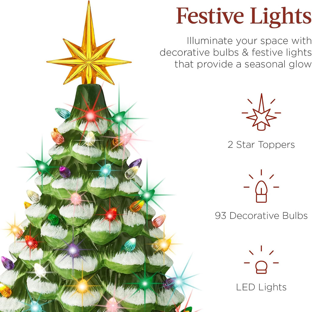 18in Large Ceramic Christmas Tree, Pre-lit Hand-Painted Tabletop Frosted Holiday Decoration w/Power Cord, 2 Star, 93