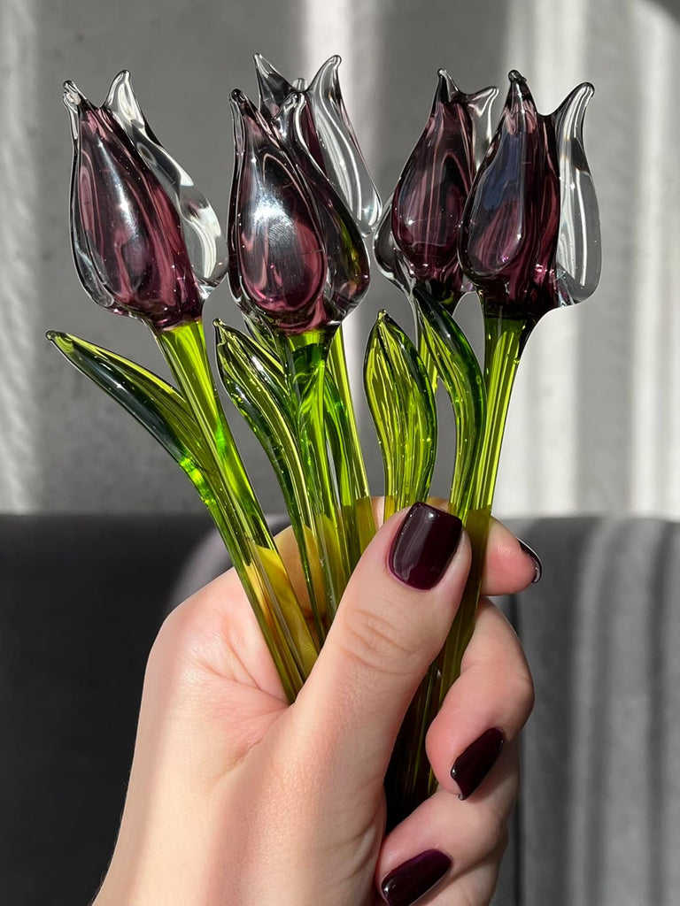 Purple Glass Tulip Flower Figurine - Hand-Blown Murano-Style Sculpture - Art Glass Tulip Ornament for Vase or Planter