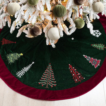 72 Inch Green Velvet Christmas Tree Skirt with Burgundy Trim