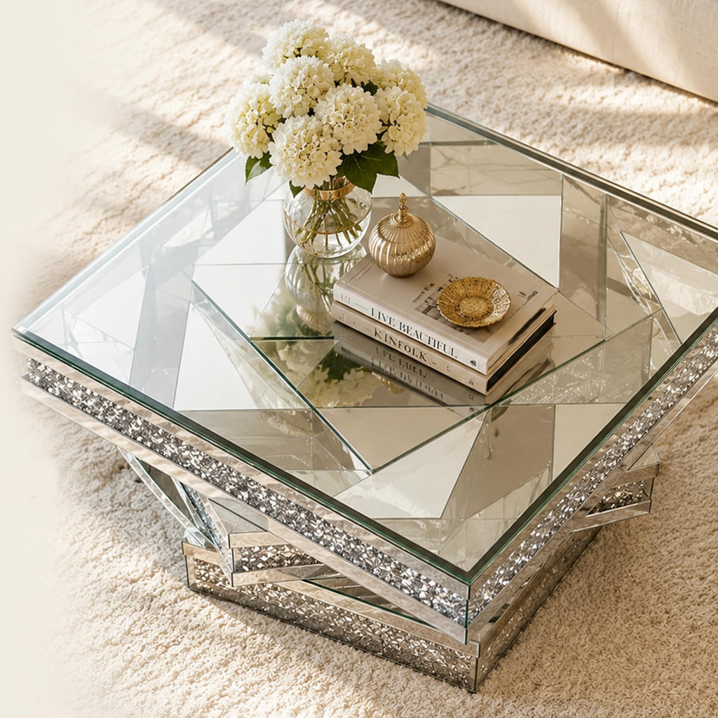Mirrored Coffee Table with Crushed Diamonds, 31.5" Square Glass Center Table, Drop-Tested Shatterproof Packaging