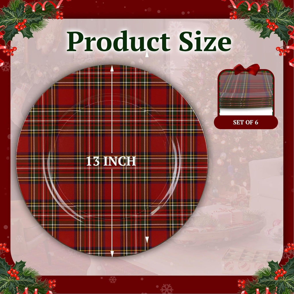 13" Red Charger Plates Set of 6, Round Christmas Plate Chargers