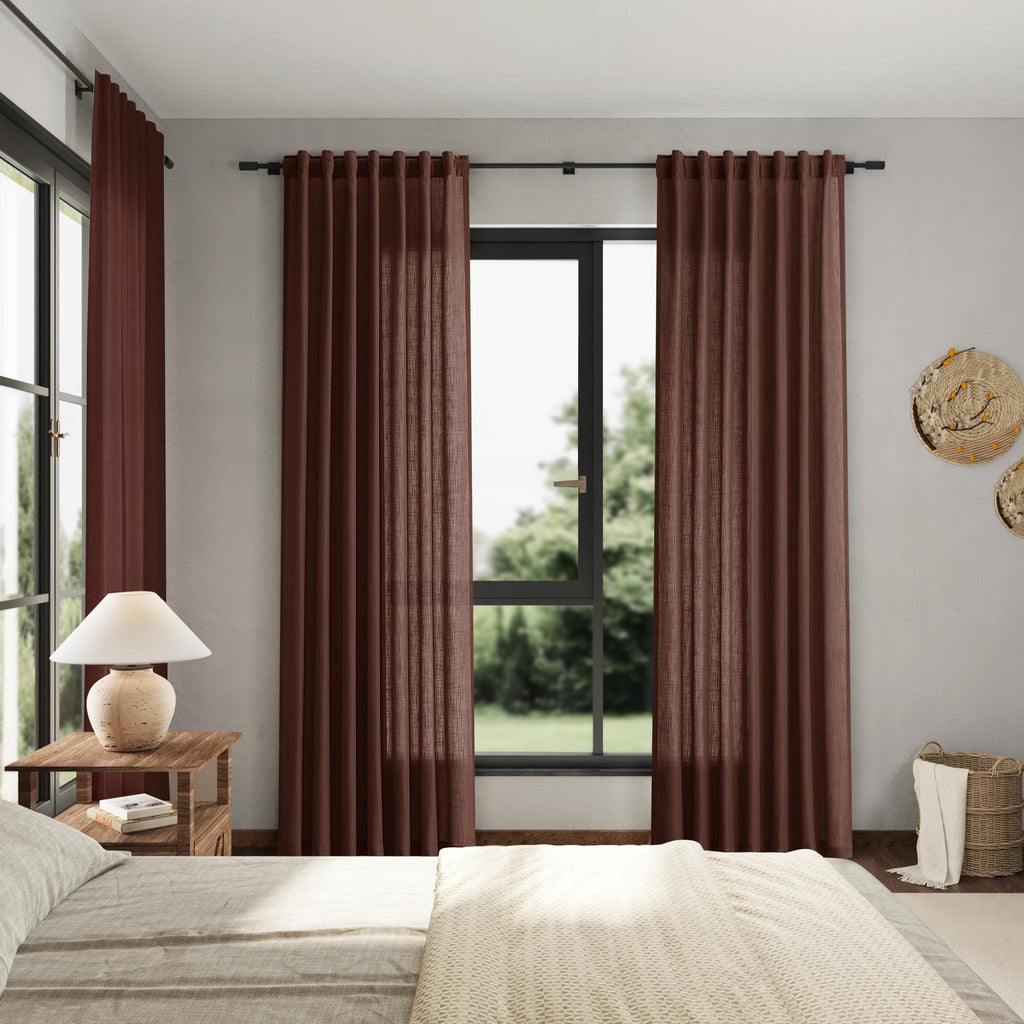 Rustic Brown Linen Curtains 84 Inch Length 2 Panels Set Rod Pocket Back Tab Light Filtering Window Drapes Dining Room