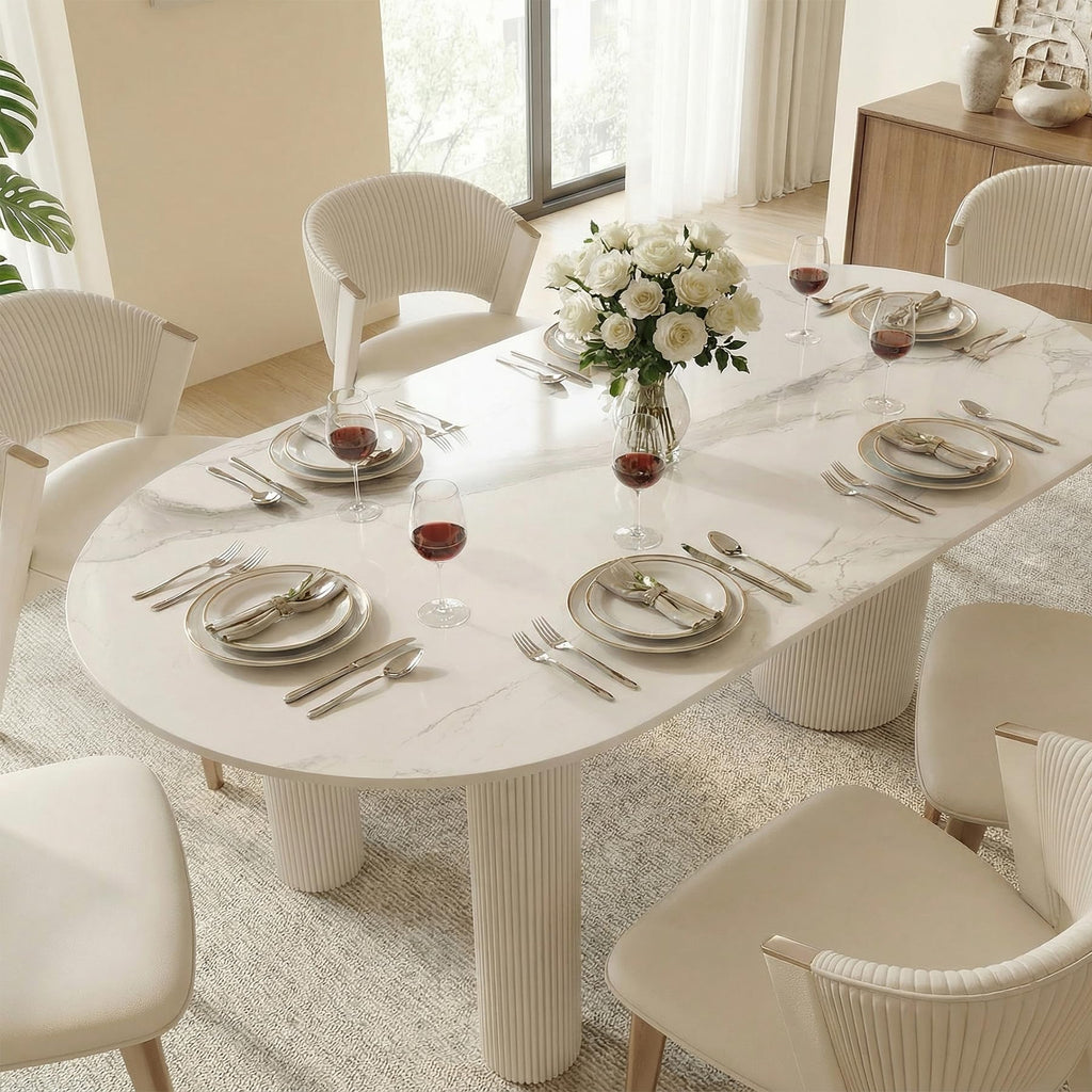 71'' Oval Dining Table for 6-8 People, Scandinavian Wood Dinner Kitchen Table with Sintered Stone Tabletop and Round