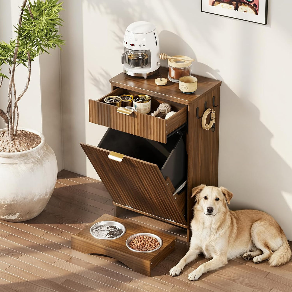 Tilt-Out Trash Cabinet with Dog Feeding Station, Pet Food Storage, Walnut