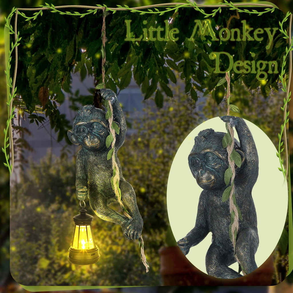 Bronze Solar Monkey Statue, 7.48 inch Resin Chimp with LED Lantern