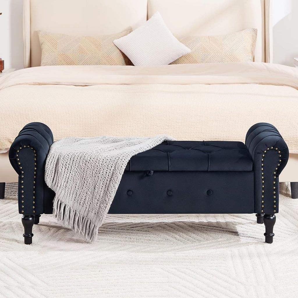 Storage Bench 51" Velvet End of Bed Benches Black | Queen Size Storage Bench with Rolled Arms Tufted Ottoman Benches
