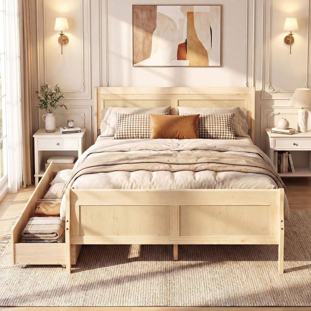 Full Bed Frame with 2 Storage Drawers, Wood Platform Bed with Headboard & Footboard, Wooden Slats Support Mattress