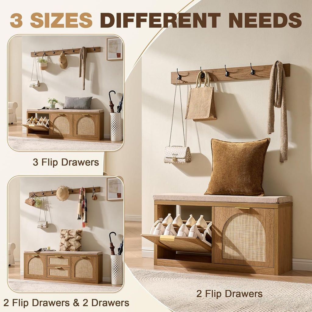 Rattan Narrow Entryway Bench with Shoe Storage, 2 Flip Drawers & Coat Rack, Mid-Century Modern Wood Shoe Cabinet with