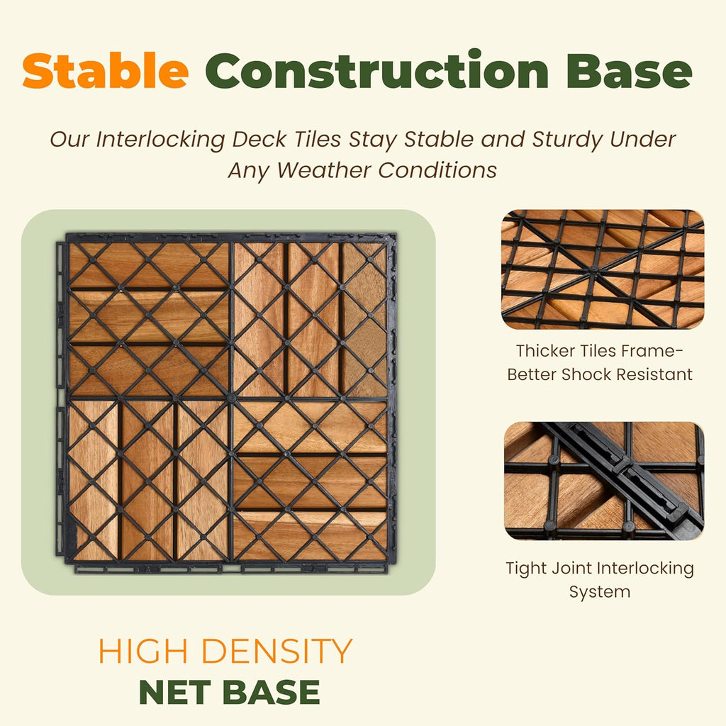 Premium Deck Tiles, 10 PCS 12x12 Outdoor Patio Floor Tiles, Waterproof Wood Flooring Tiles, Snap Tiles for Patio