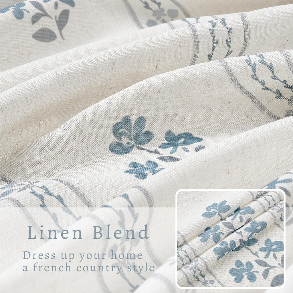 Blue Grey Pinch Pleated Floral Curtains 84 Inches Long for Living Dining Room Pinch Pleat Light Filtering Linen Semi