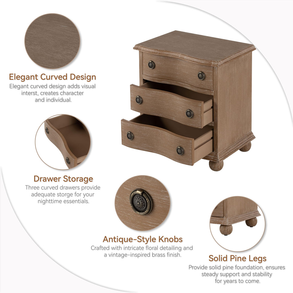 Rustic Farmhouse 3 Drawer Nightstand, Almost Fully Assembled, Brown