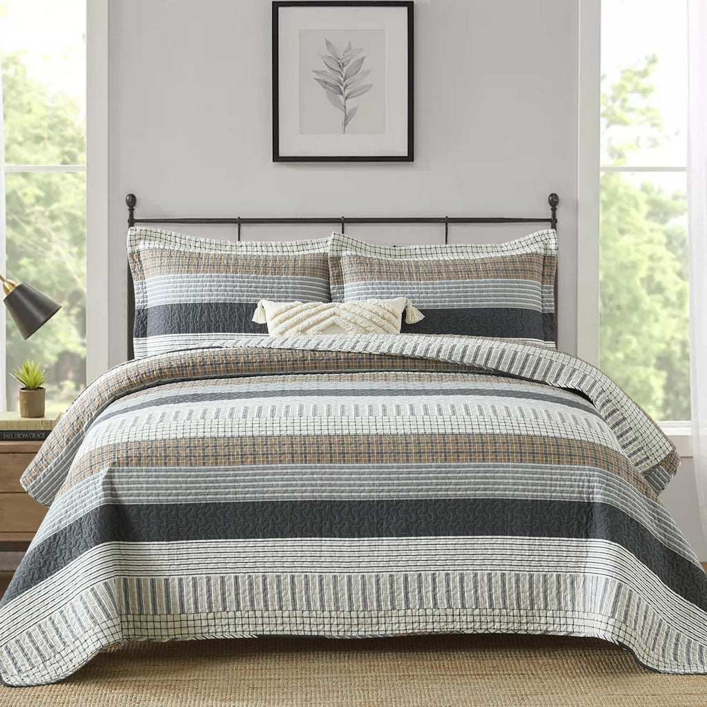 100% Cotton Modern Farmhouse Quilt Set, Neutral, Gray