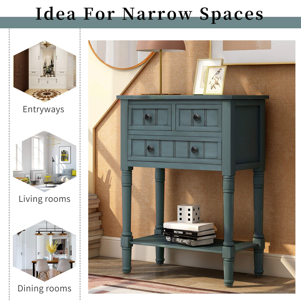 Narrow Console Table, Farmhouse Entryway Table Slim Sofa Table with Three Storage Drawers and Bottom Shelf, Wood